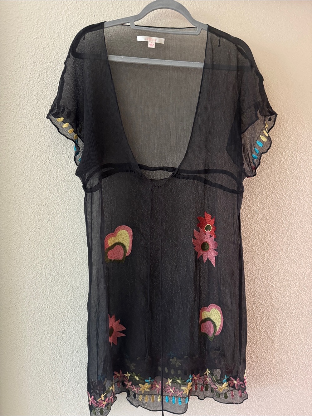 Sheer Black Embroidered Tunic Top with Floral Embroidered Accents